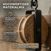 Garderobenhaken Wandhaken "Flaschenzug" aus Mangoholz und Metall SET