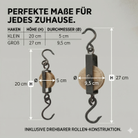 Garderobenhaken Wandhaken "Flaschenzug" aus Mangoholz und Metall SET