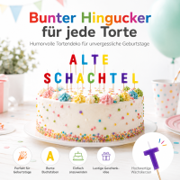 Geburtstagskerzen „Alte Schachtel“ – 13 bunte Buchstabenkerzen