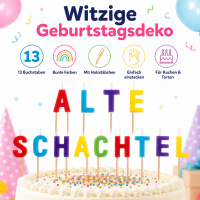 Geburtstagskerzen „Alte Schachtel“ – 13 bunte Buchstabenkerzen