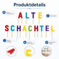 Geburtstagskerzen „Alte Schachtel“ – 13 bunte Buchstabenkerzen