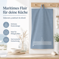 Maritimes Küchentuch 50x70 Blau Graublau - Geschirrhandtuch Segelboot