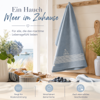 Maritimes Küchentuch 50x70 Blau Graublau - Geschirrhandtuch Segelboot
