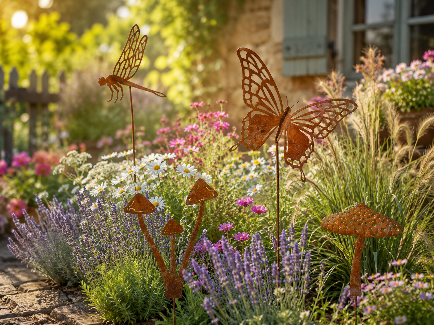Gartenstecker in Rostoptik in einem Blumenbeet