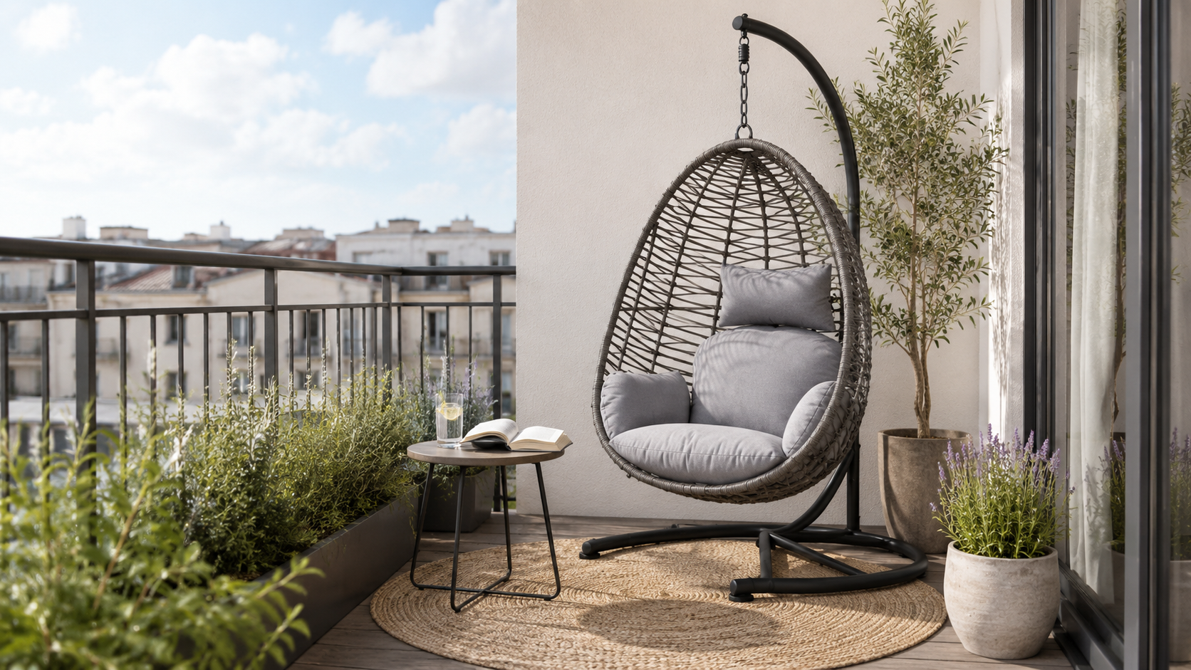 Ein grauer Hängesessel auf einem Balkon